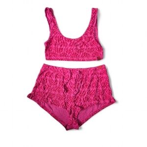 Savage X Fenty Women's Hot Pink Ribbed Heart Set SMALL